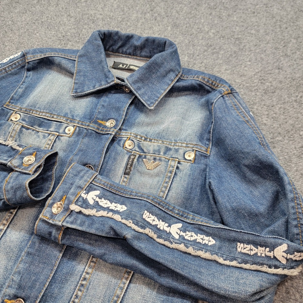 Vintage Armani Jeans AJ Denim Jacket Made in Italy Logo Tape Sleeve Blue Small